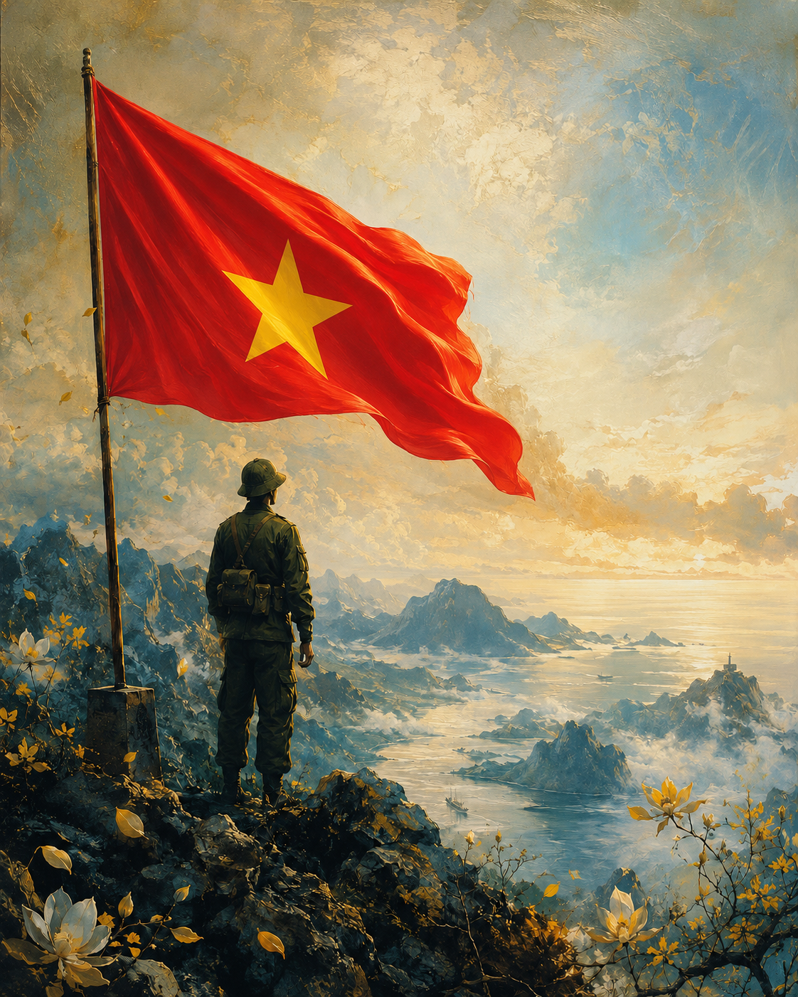 Cờ đỏ sao vàng trên núi cao nhìn ra biển trời Tổ quốc